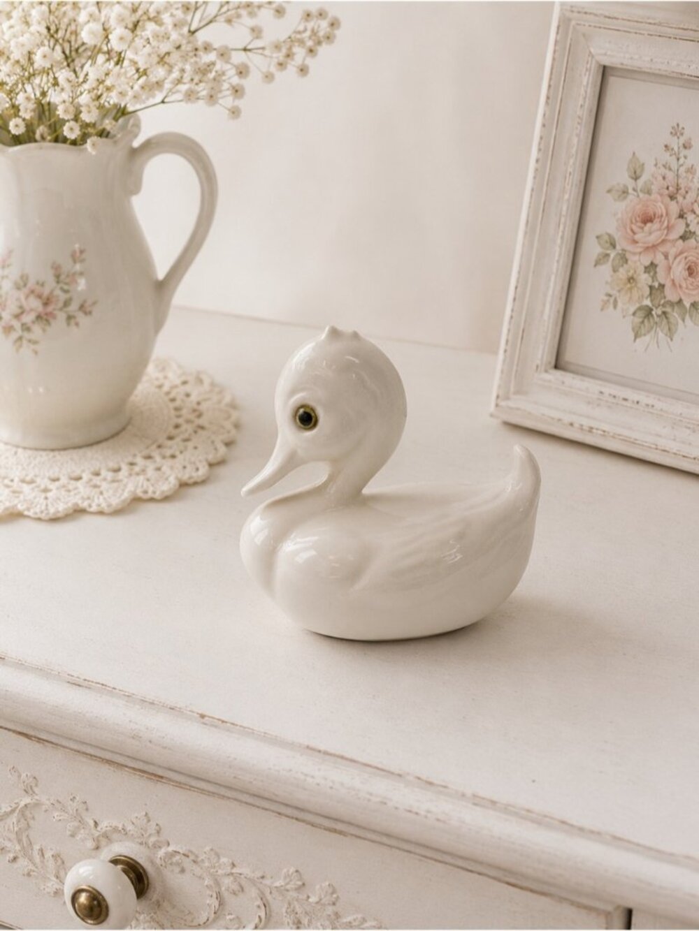 Vintage White Ceramic Duck Figurine Country Cottage Farmhouse Shelf Decor 1990s